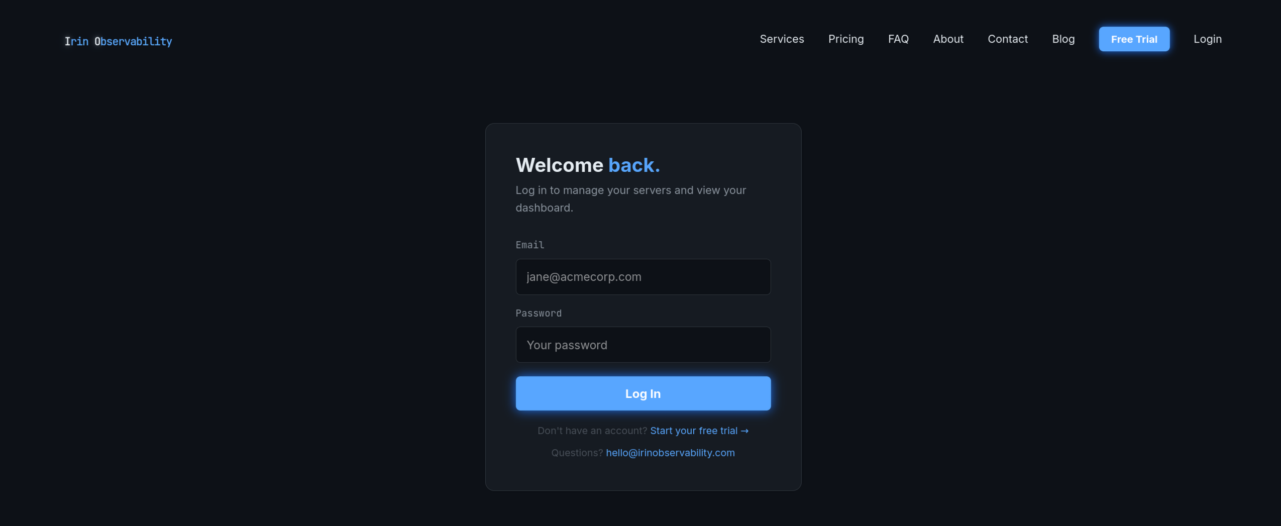 Irin Observability client portal login screen